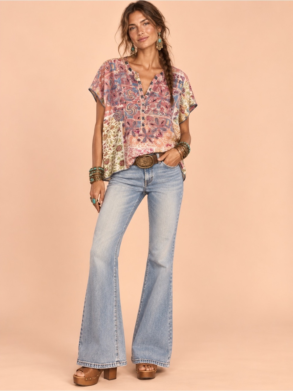 Johnny Was Prima heavy embroidery 100% SILK Blouse Size Large patchwork